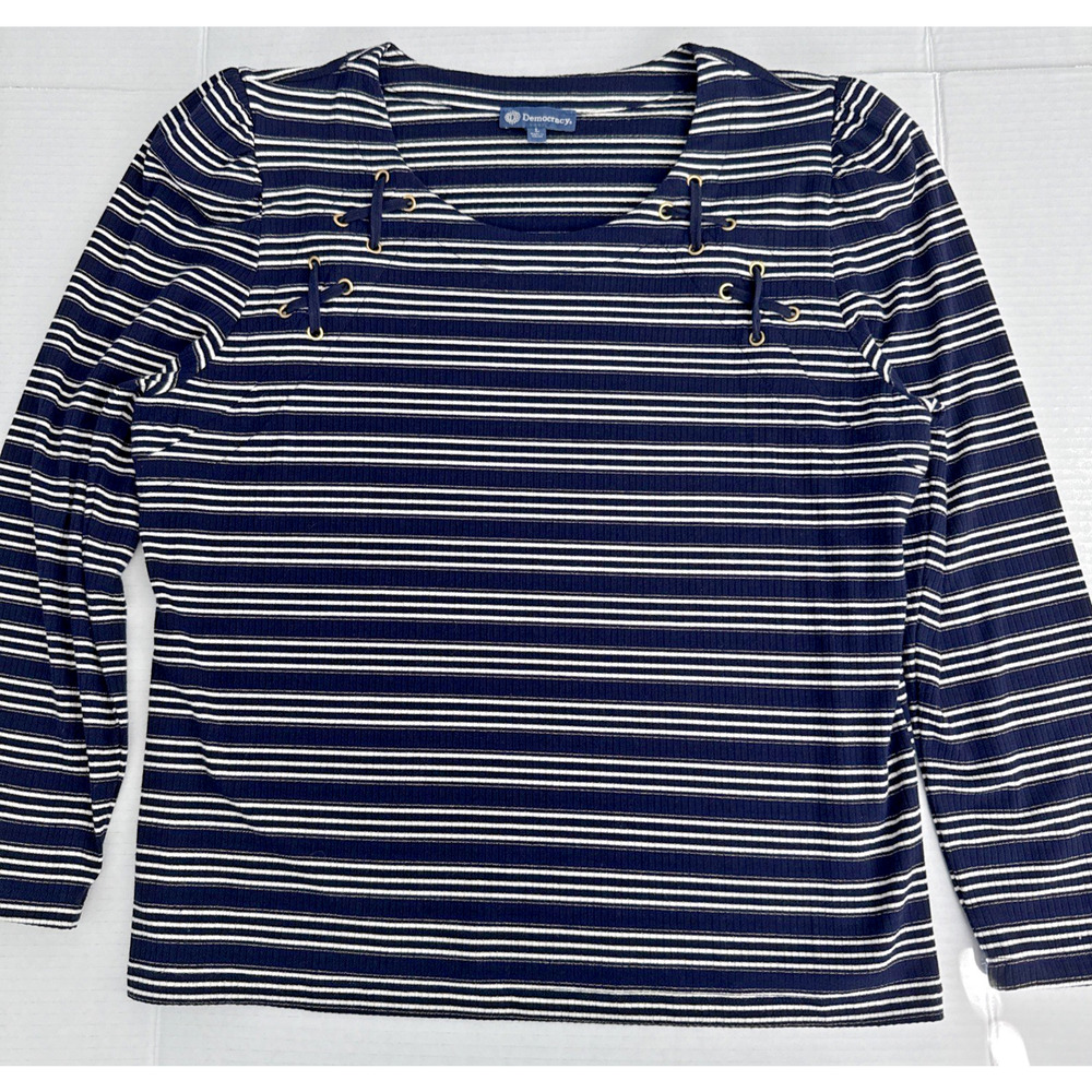 Democracy Blue White Gold Stripe Blouse Women’s L Nautical Coastal